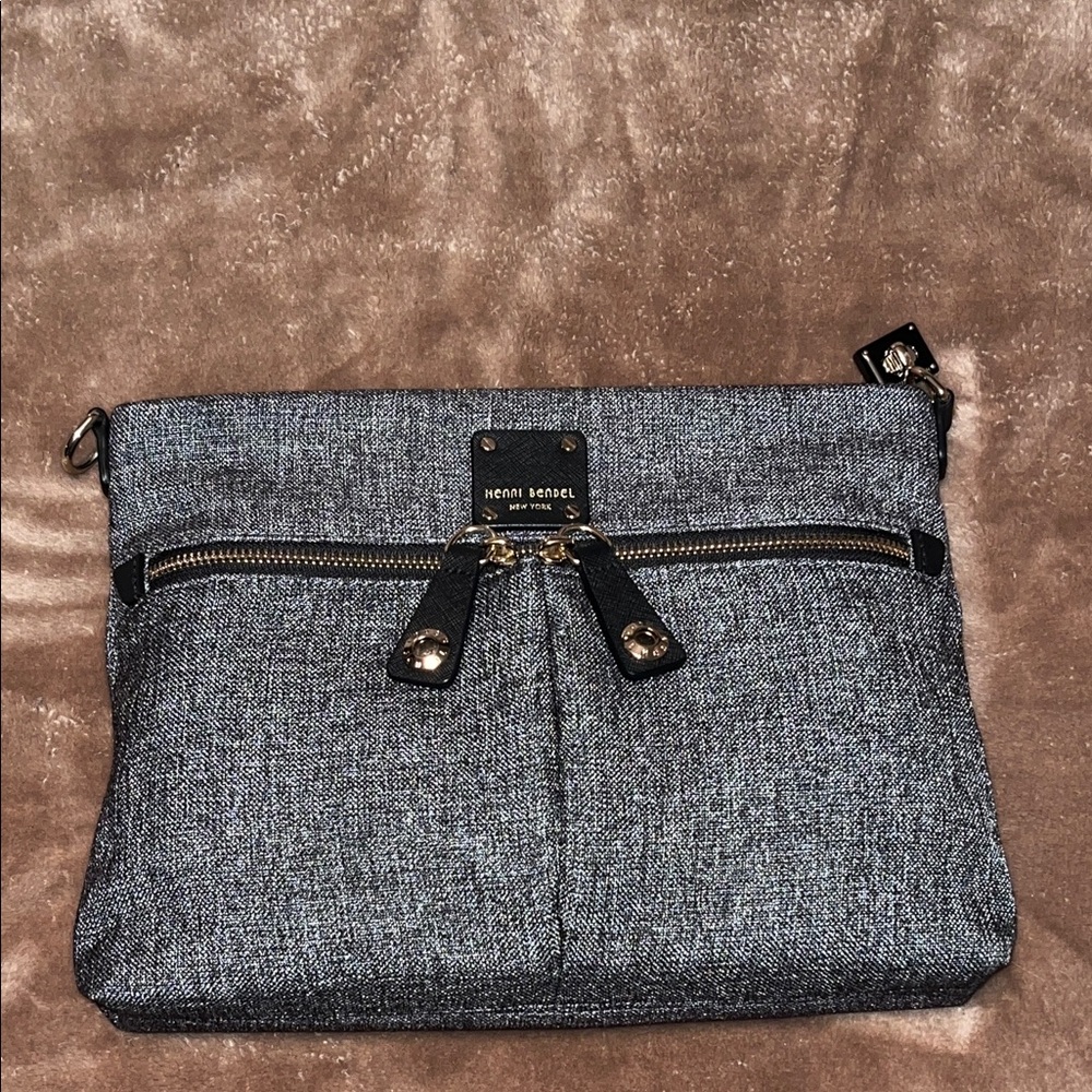 henri bendel gray tweed crossbody bag with gold hardware